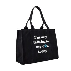 I'm Only Talking To My Dog Canvas Tote Bag Black White Paw Print Carryall